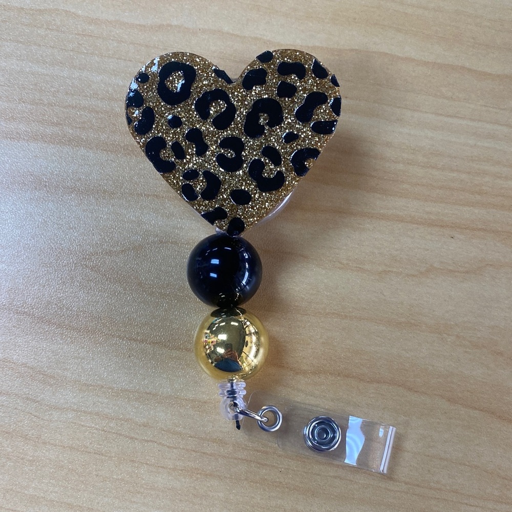 Gold Leopard Heart Badge Reel with Black Bead Accent